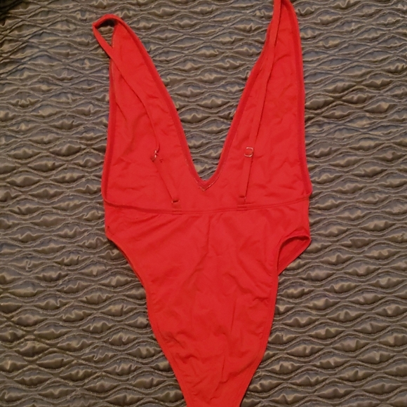 Deep V Red One-piece Swimsuit - Picture 2 of 4